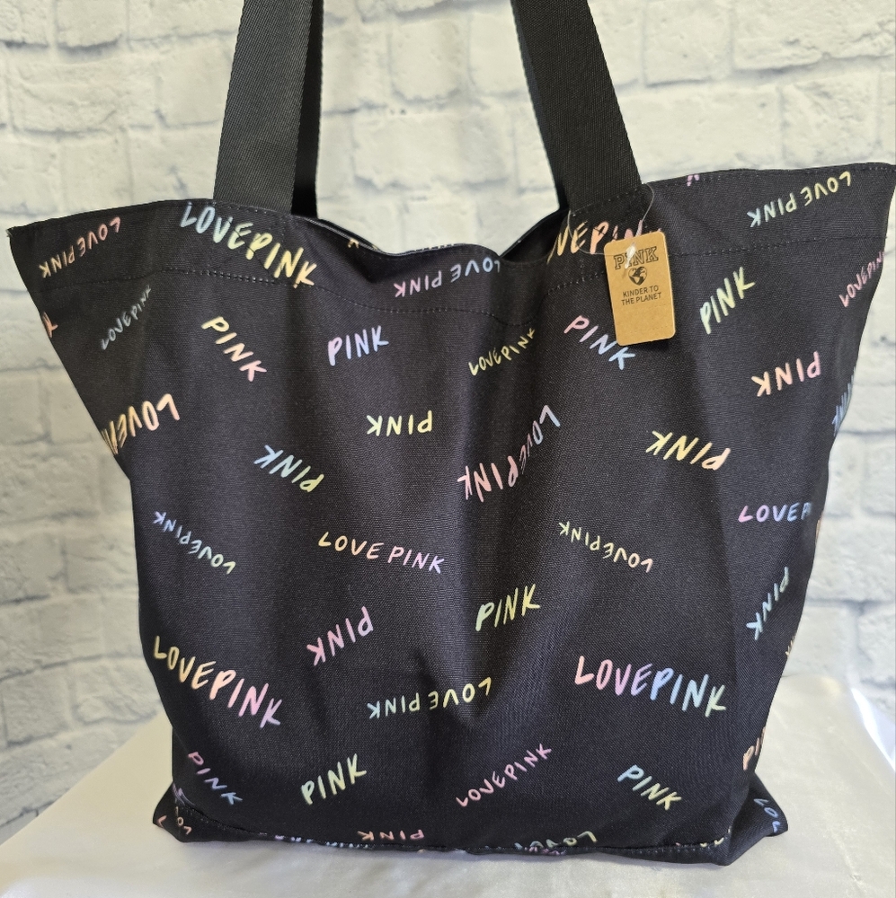 PINK Victoria's Secret Logo Love Pink Black Tote Bag Zip Close New